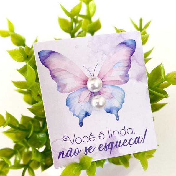 kit Mini Cartão Tag Borboleta + brincos de perola + tarracha Cor Roxo aquarela com azul pronta entrega 4x5cm