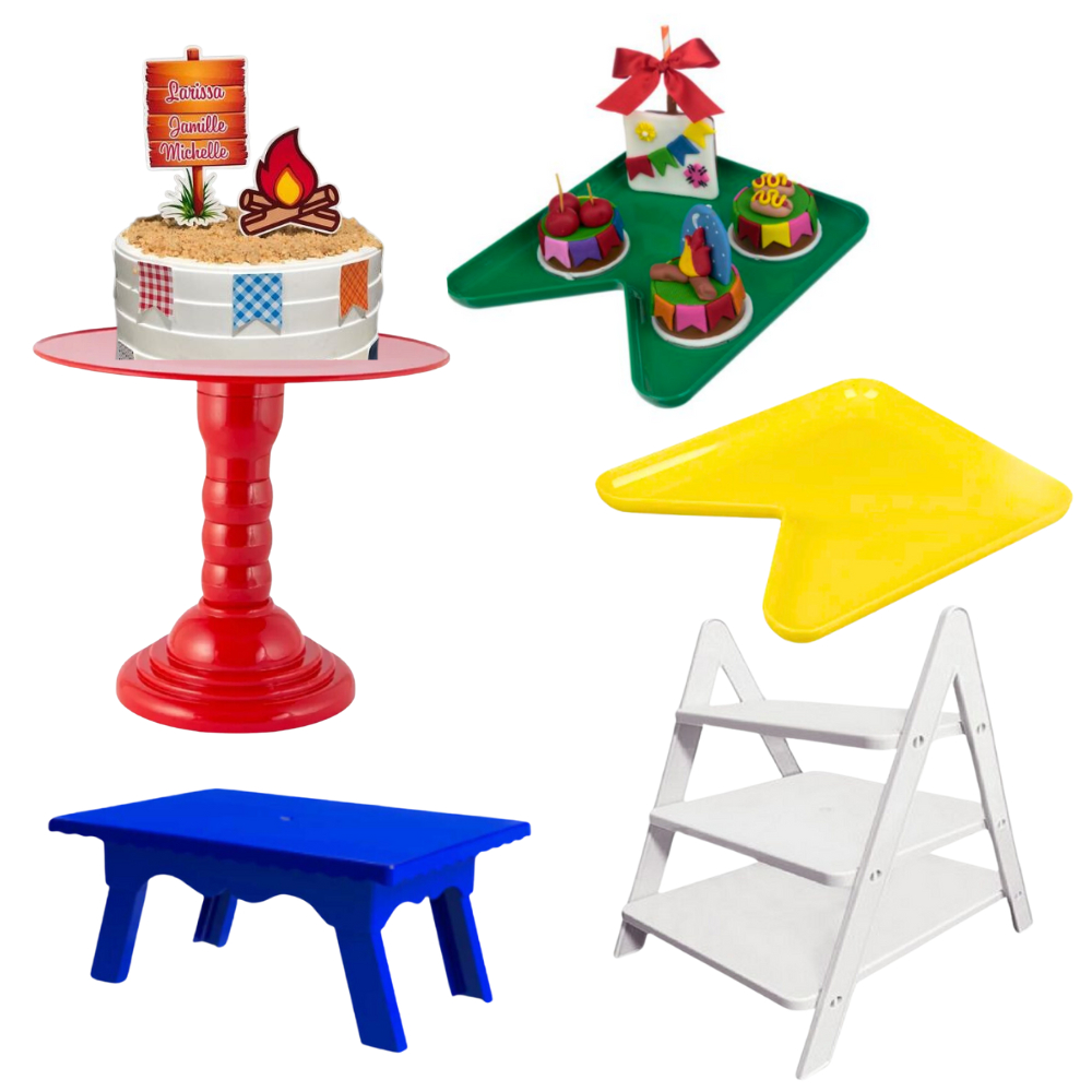 Kit Decoração Festa Junina Boleira Regulável + Bandeja Formato Bandeira + Escadinha + Mesinha Doces