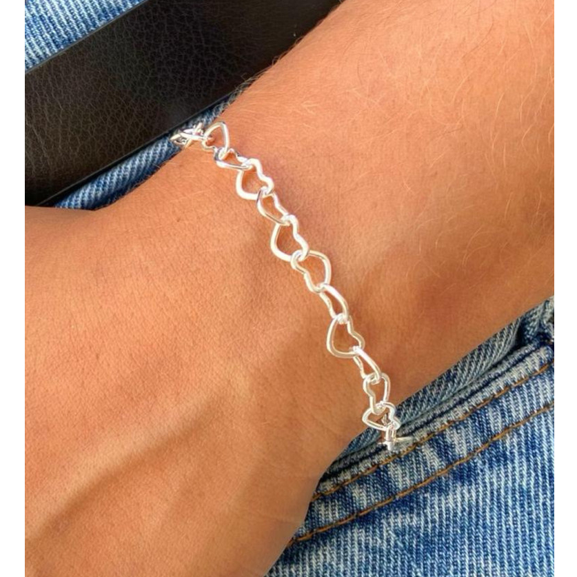 Pulseira Feminina de Coração Folheada a Prata 925 Elo Corações Vazado em Oferta na Shopee