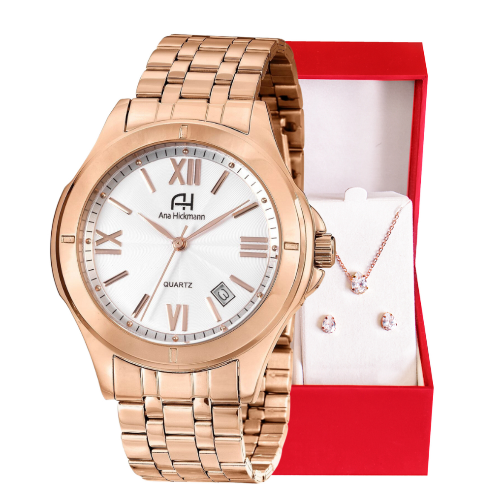 Relógio Feminino Champion Ana Hickmann Analógico A Prova D’Água Original Mulher Barato Rosé Kit Colar e Brincos AH29070Z