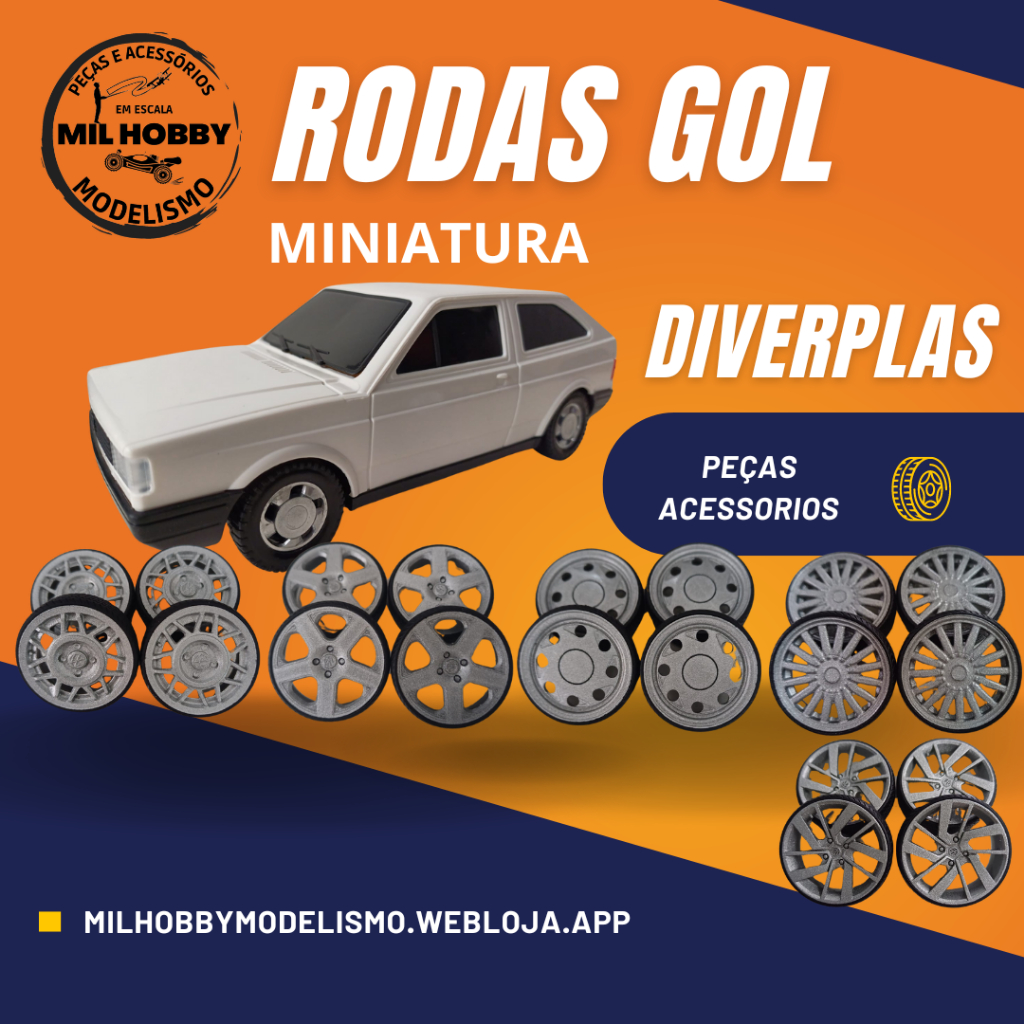 JOGO DE RODAS E PNEUS EM RESINA 3D PARA MINIATURA GOL QUADRADO DIVERPLAS