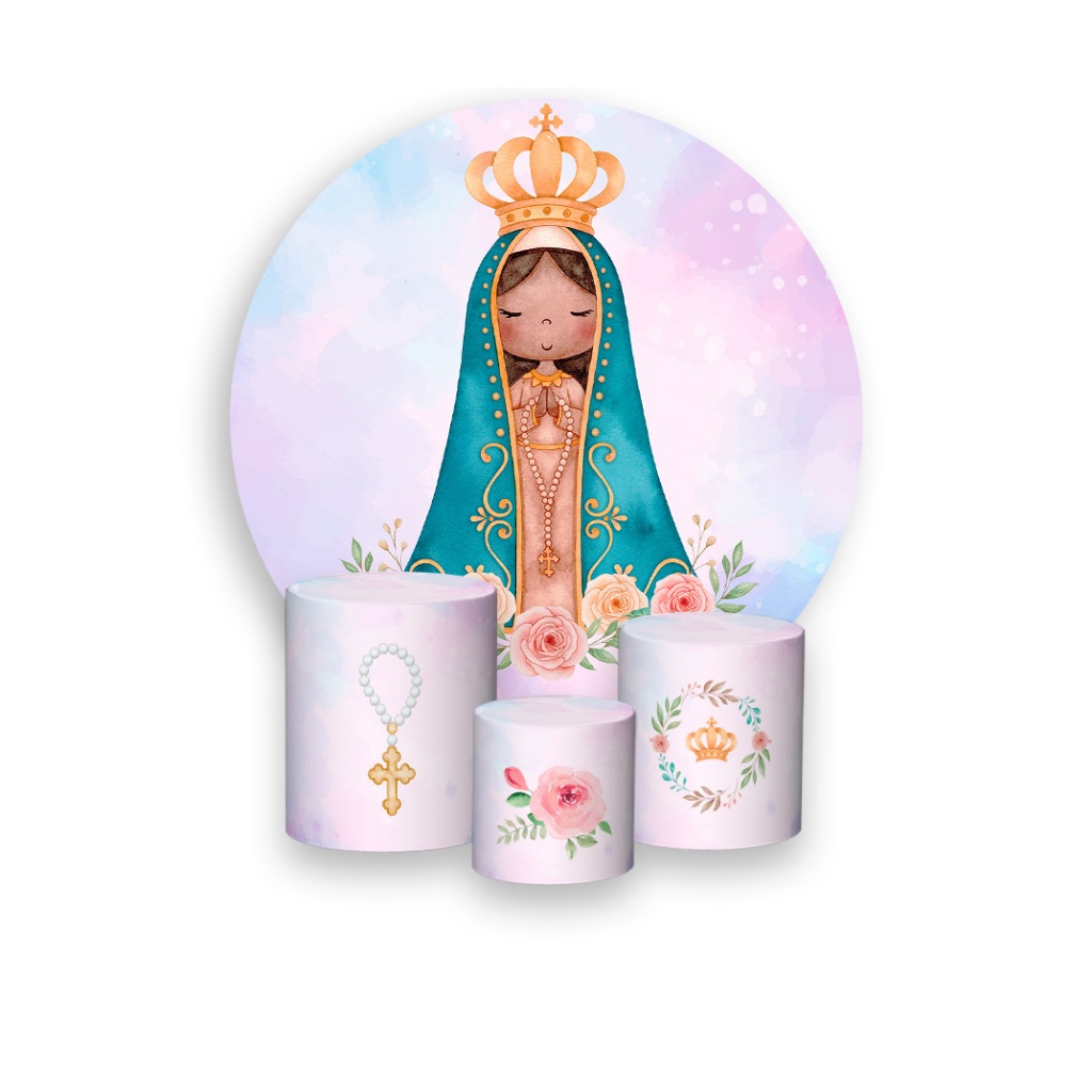 Painel De Festa Redondo + Trio De Capas Cilindro - Nossa Senhora Aparecida Santa 001