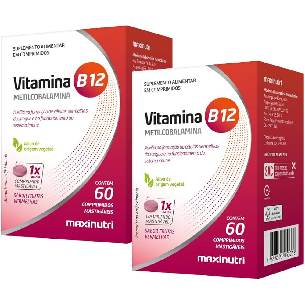 Kit 2 Caixas Vitamina B12 60 Comp Mastigáveis - Maxinutri - Metilcobalamina