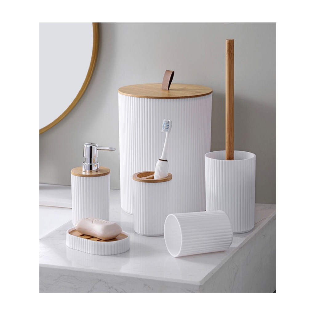 Kit de Bambu Para Banheiro Conjuto Lavabo Saboneteira Lixo Porta Escova Cotonete Acessórios 4 ou 6 peças