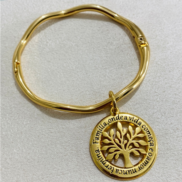Bracelete Pulseira Feminina Banho Ouro/Níquel Feminino com Pingente Entrego/Árvore da Vida