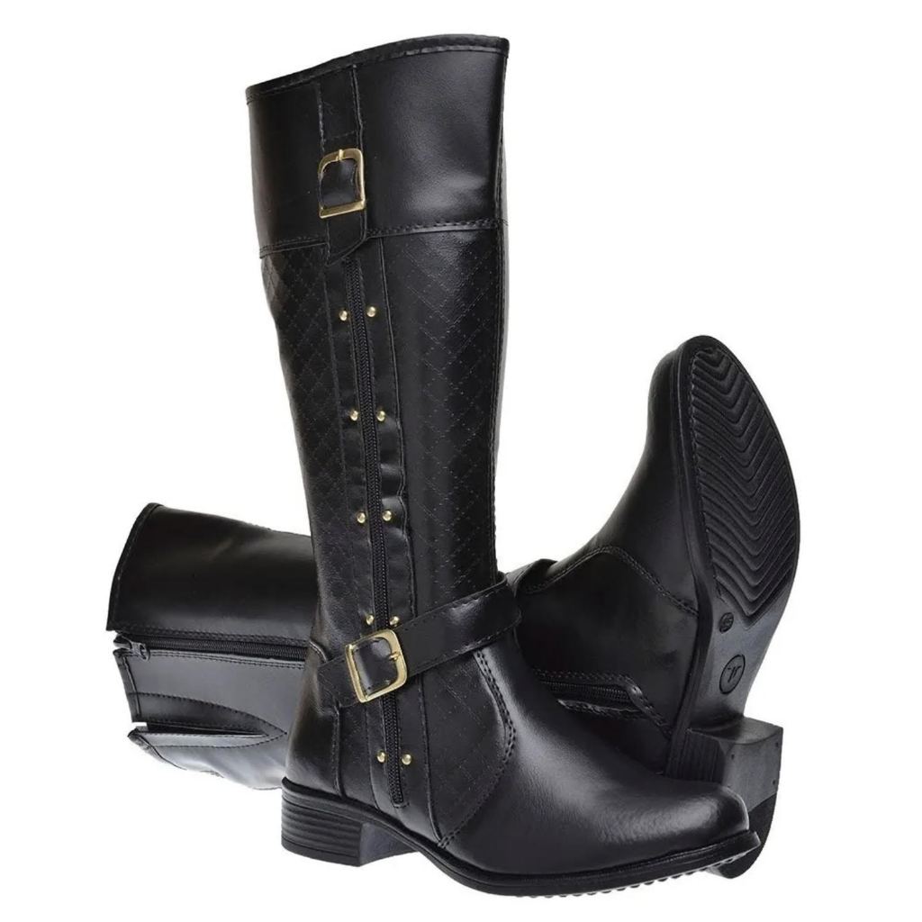 Bota Feminina Cano longo Com Ziper E Fivela Montaria