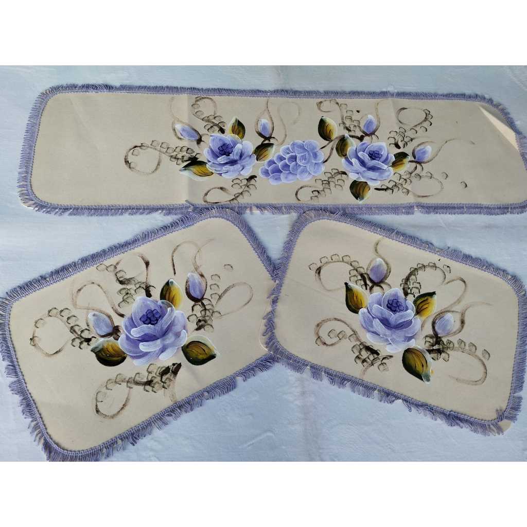 Jogo de Passadeira Emborrachada Cozinha 3 Peças Tapete de Cozinha Pintado a Mão com Franja 100% Algodão PVC Grossa Pintada