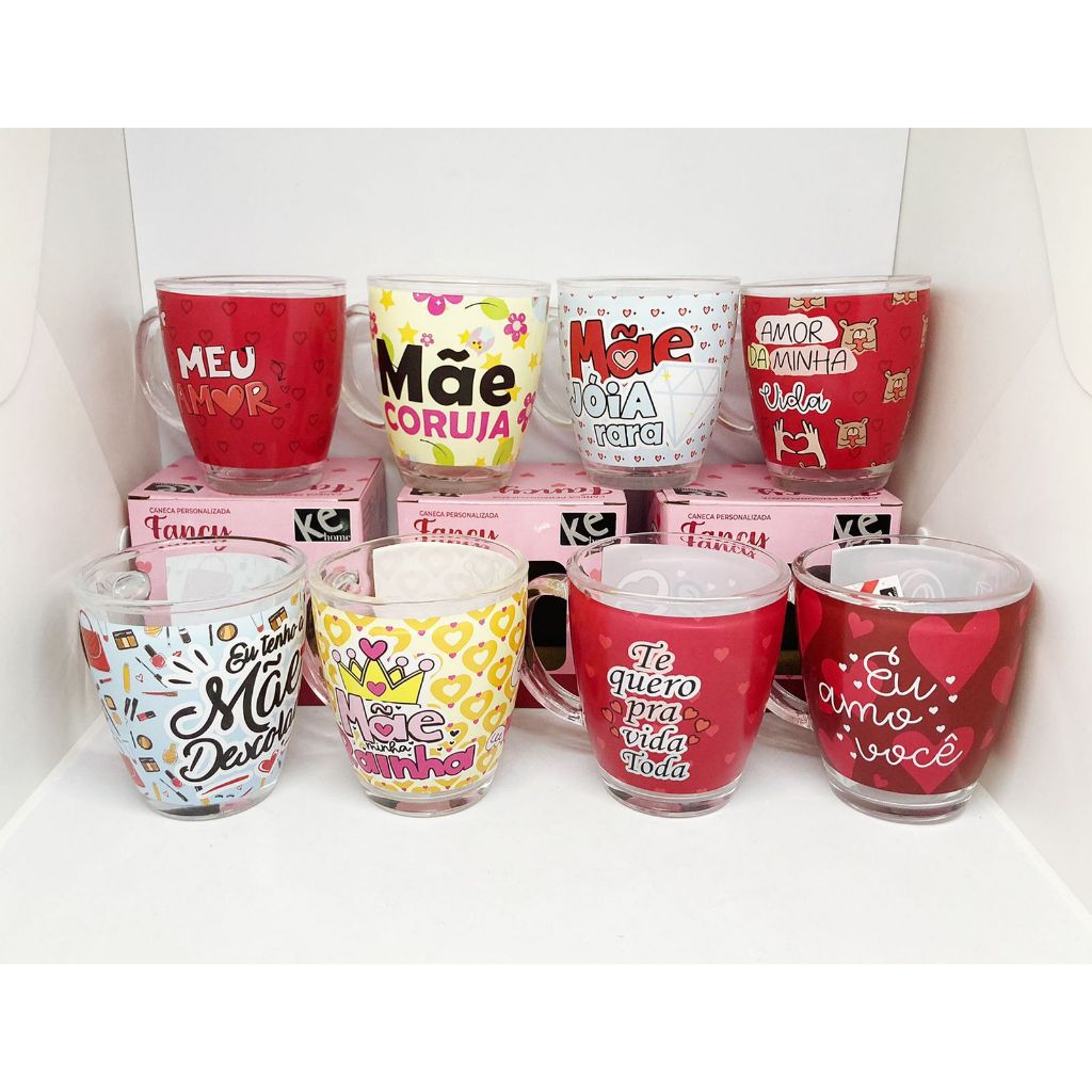 caneca transparente Vidro 380em ser mae eu amo voce/ feliz/ amo tanto que nem /presente estampada em Oferta na Shopee