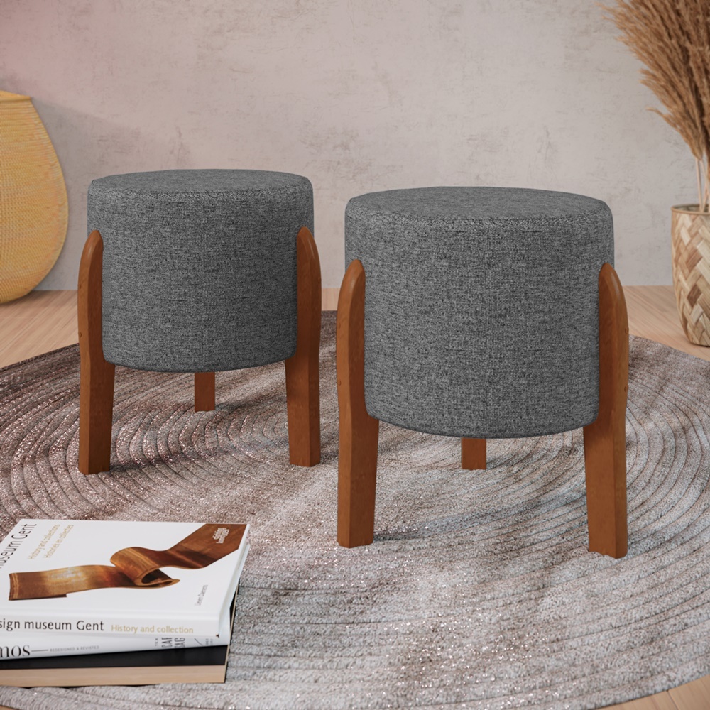 Kit 2 Puff Dallas Linho Cinza Banquinho Decorativo Redondo com Pés em Madeira Maciça em Oferta na Shopee