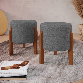 Kit 2 Puff Dallas Linho Cinza Banquinho Decorativo Redondo com Pés em Madeira Maciça em Oferta na Shopee