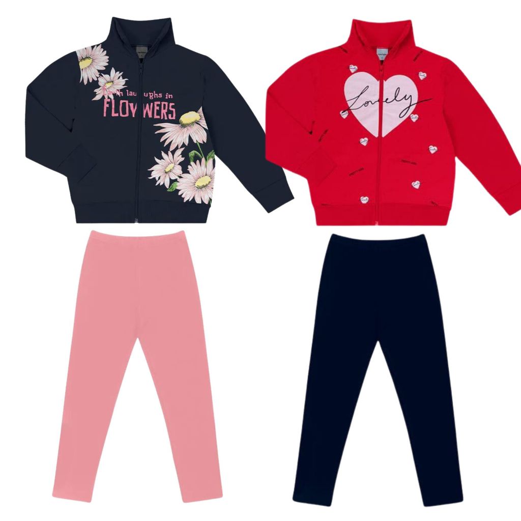 Lote Kit 2 Conjuntos de Moletom Infantil Flanelado Quentinho Casaco com Zíper e Calça Legging