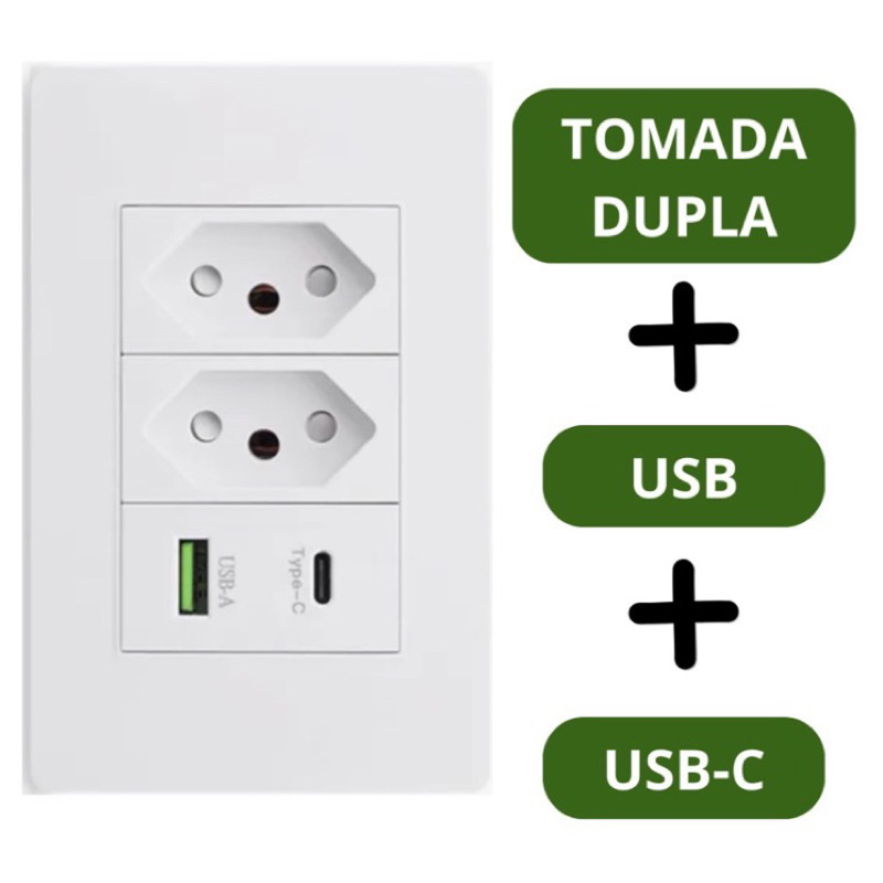 Tomada de Parede Dupla Com Entrada Usb e tipo C 5V Bivolt - 4 em 1 Carregamento Rápido Multi Carregamento