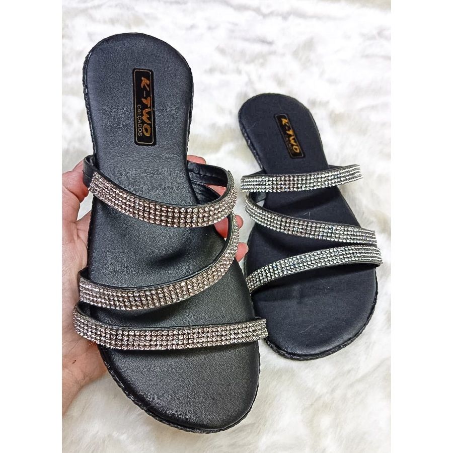 Sandália Feminina com Brilho Rasteira Feminina Strass - BRILHA MAIS bico redondo