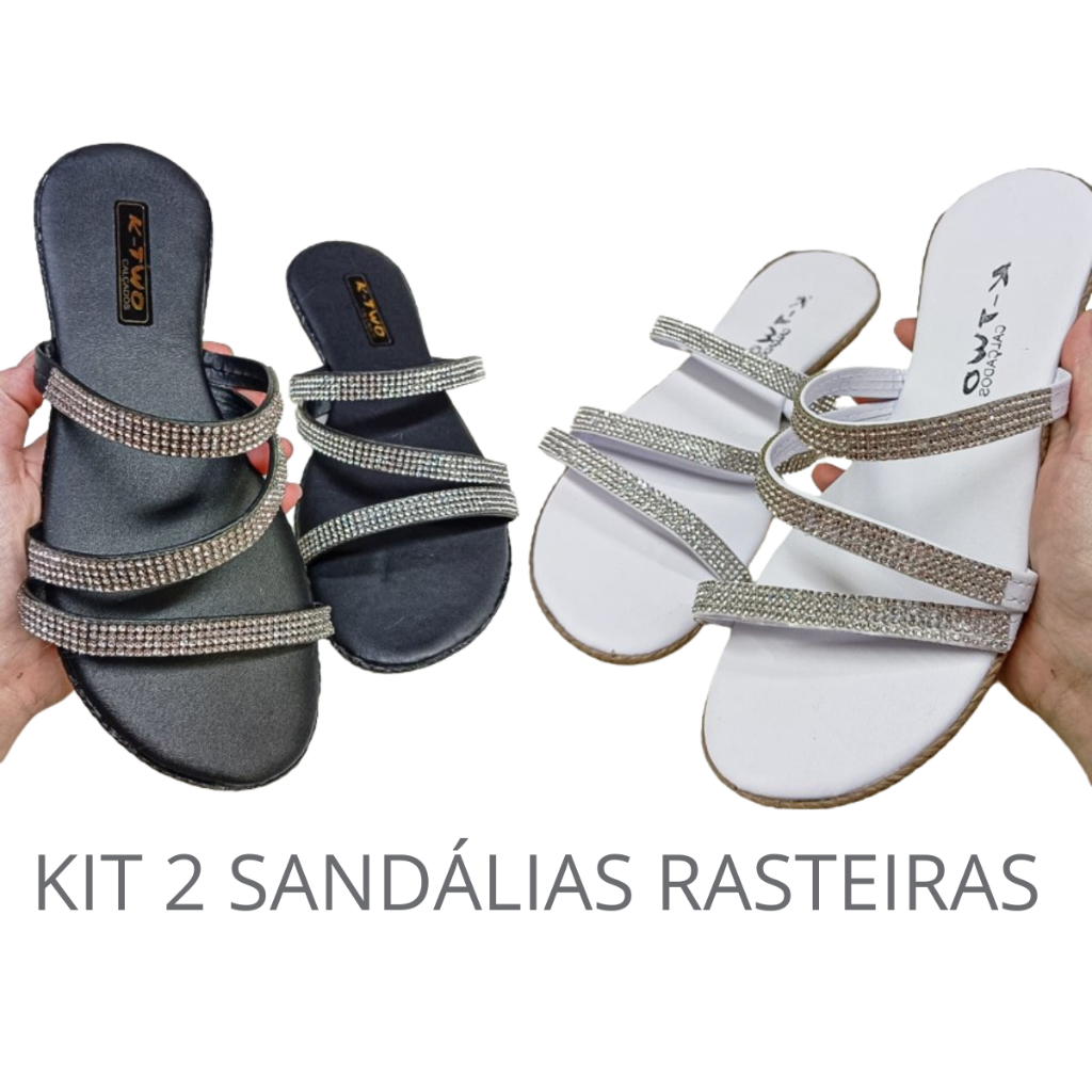 KIT 2 Sandálias Feminina com Brilho Rasteira Feminina Strass - BRILHA bico redondo - Rasteirinha Confortável para verão.