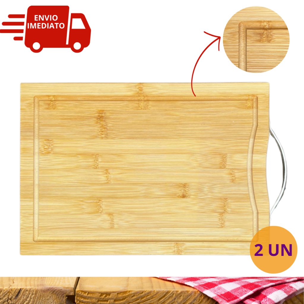 Kit 2 Tabua de Bambu de Corte Carne Para Cozinha Churrasco e Alça Reforçada de Inox 22x32 cm