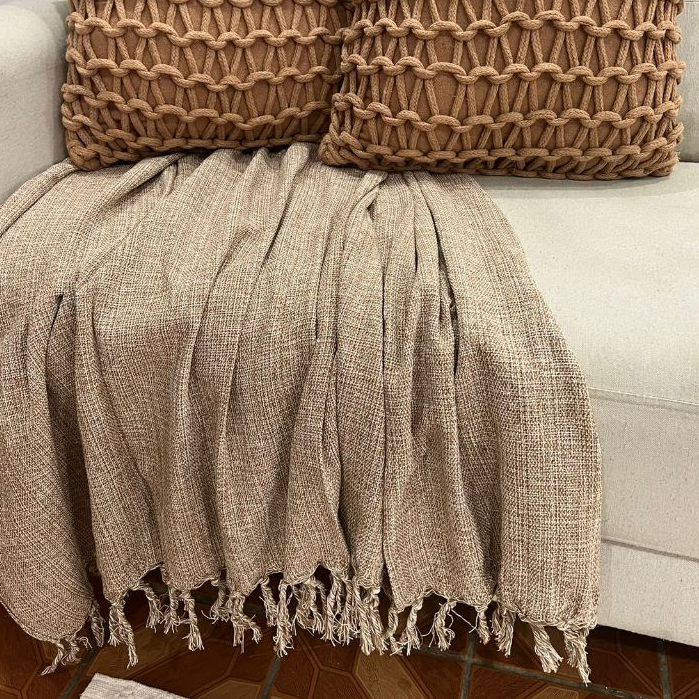 Manta Grande Sofa Cama Bege Mesclado Artesanal Algodão Rustica Decorativo Protetora Boho Chic