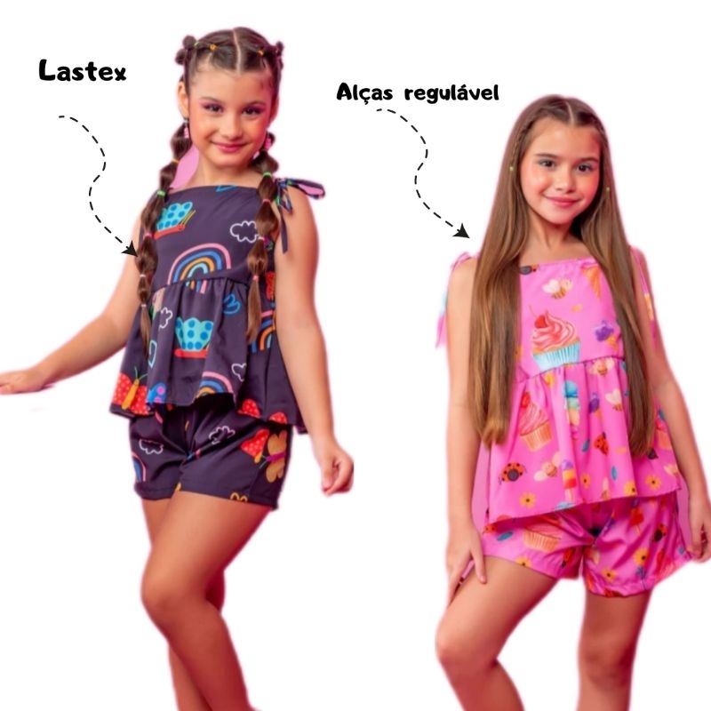 Conjunto Short e Blusa com alça regulável estampado infantil menina criança  juvenil verão Tam 6,8,10,12 e 14 anos