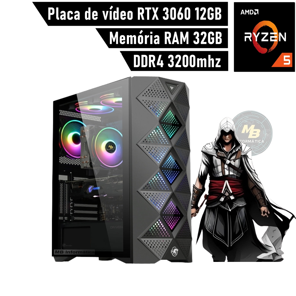 CPU Gamer Monster Ryzen 5 + P. vídeo RTX 3060 12GB + 32GB RAM + Water cooler gar