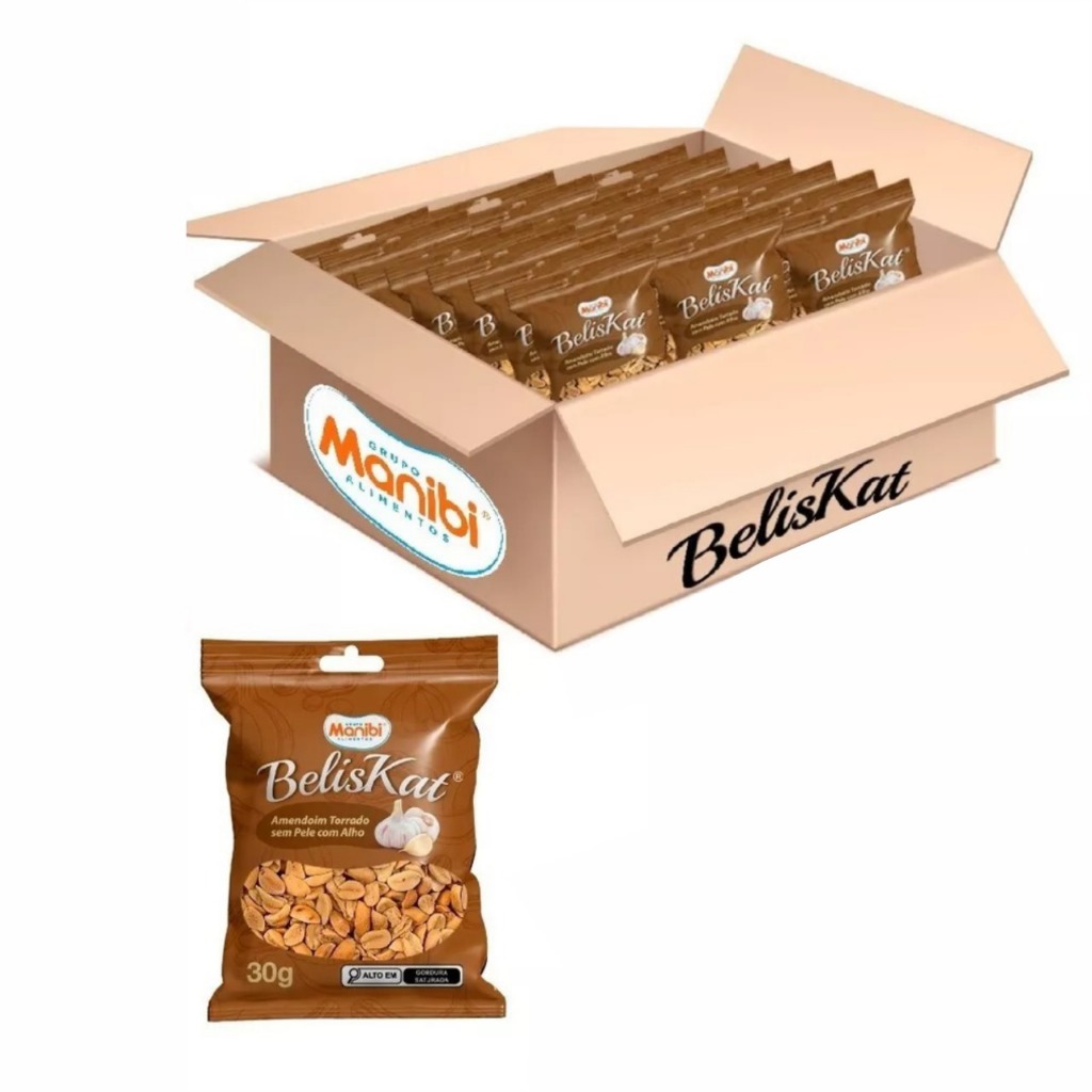 Imagem Kit 80x Amendoim Salgado Sem Pele Sabor Alho 30g - Caixa com 2,4kg - Beliskat