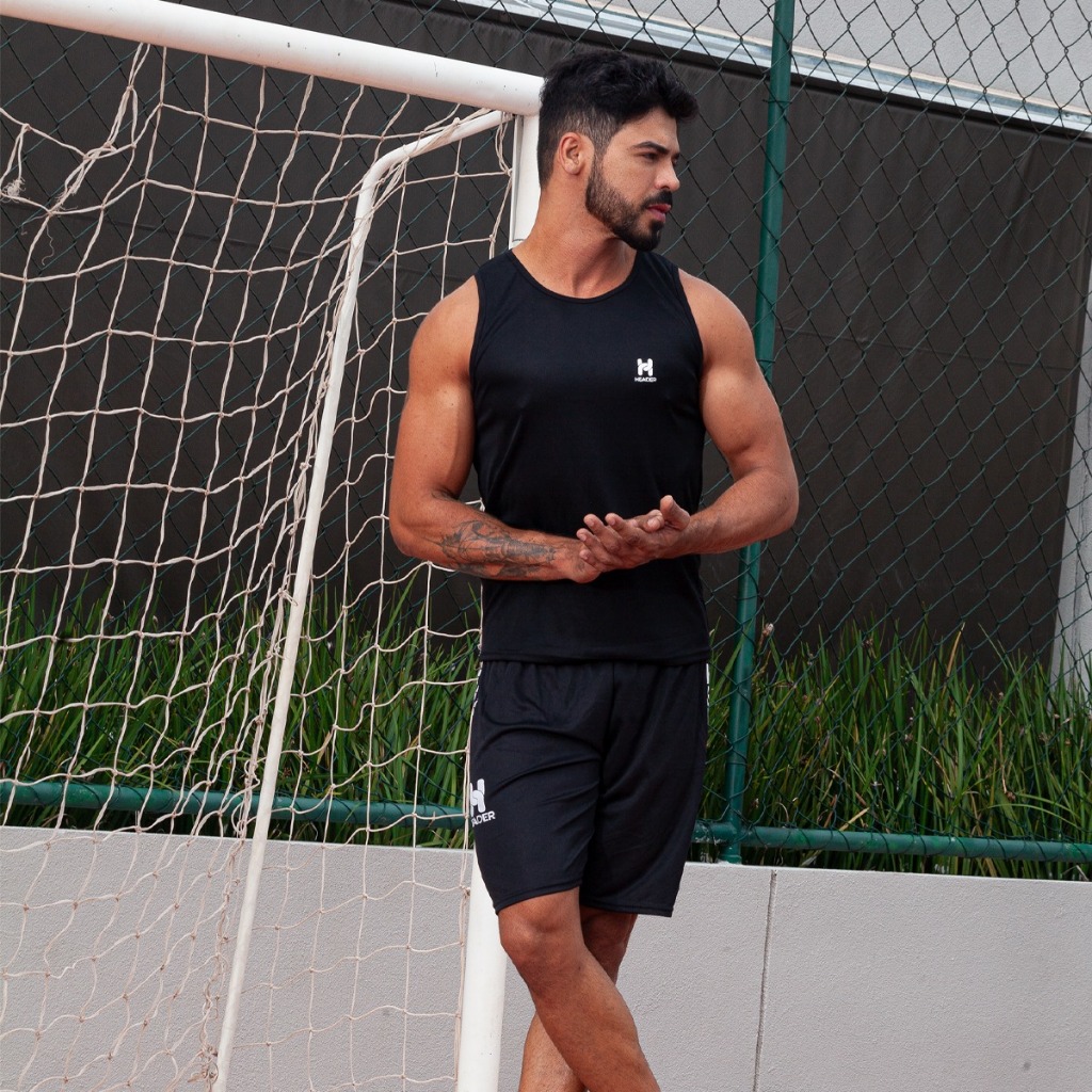 Conjunto Camiseta Regata e Short Header Calção Futebol Academia Lançamento Praia 2024 Promoção Basquete