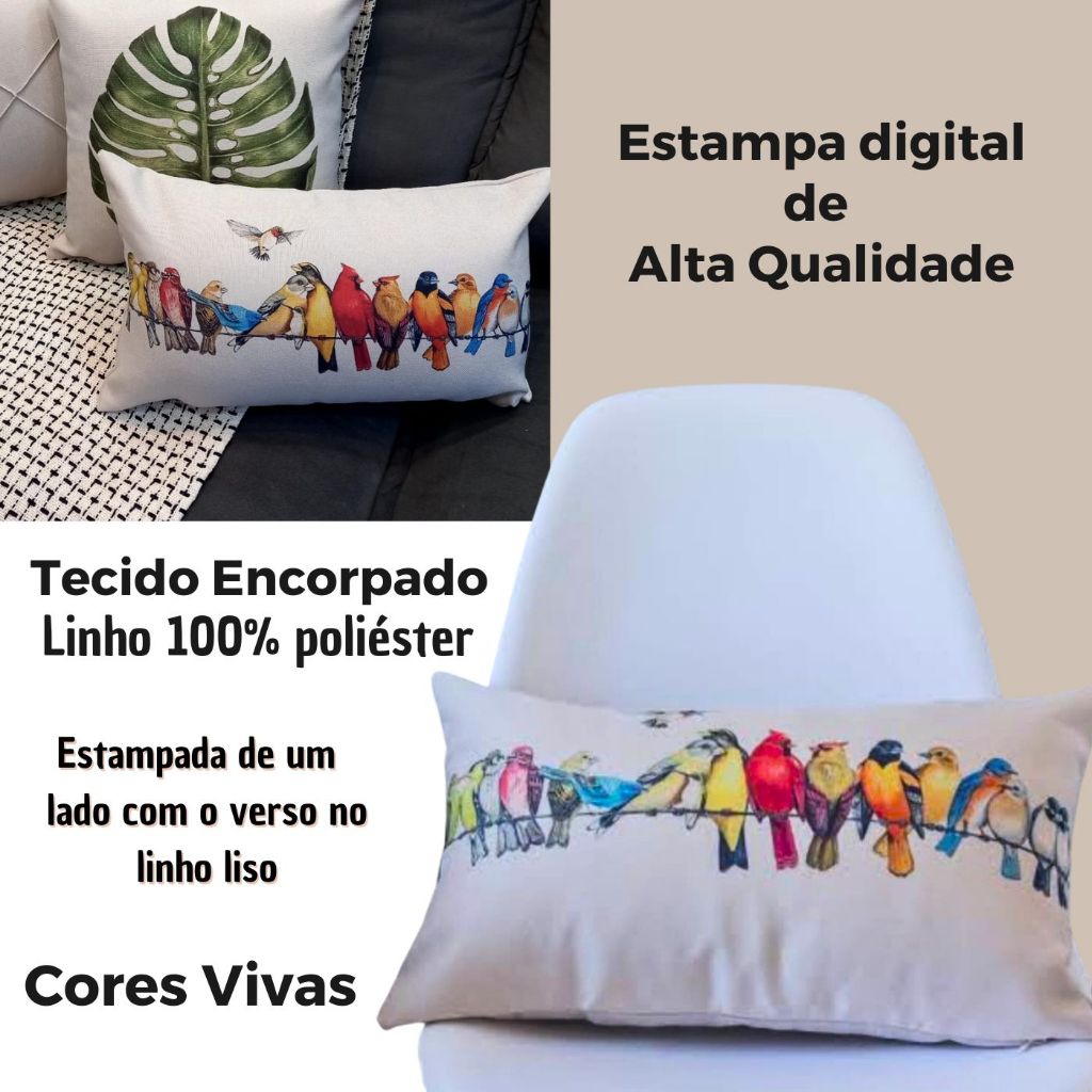 Kit 2 Capas de Almofadas Retangular Linho Passarinhos Coloridos no Fio Decoração de sofá cama 30x50cm