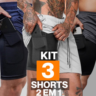 Kit 3 Shorts Masculino 2 em 1 Ideal Para Corrida, Musculação, beach Tecido Dryfit Com Elas...