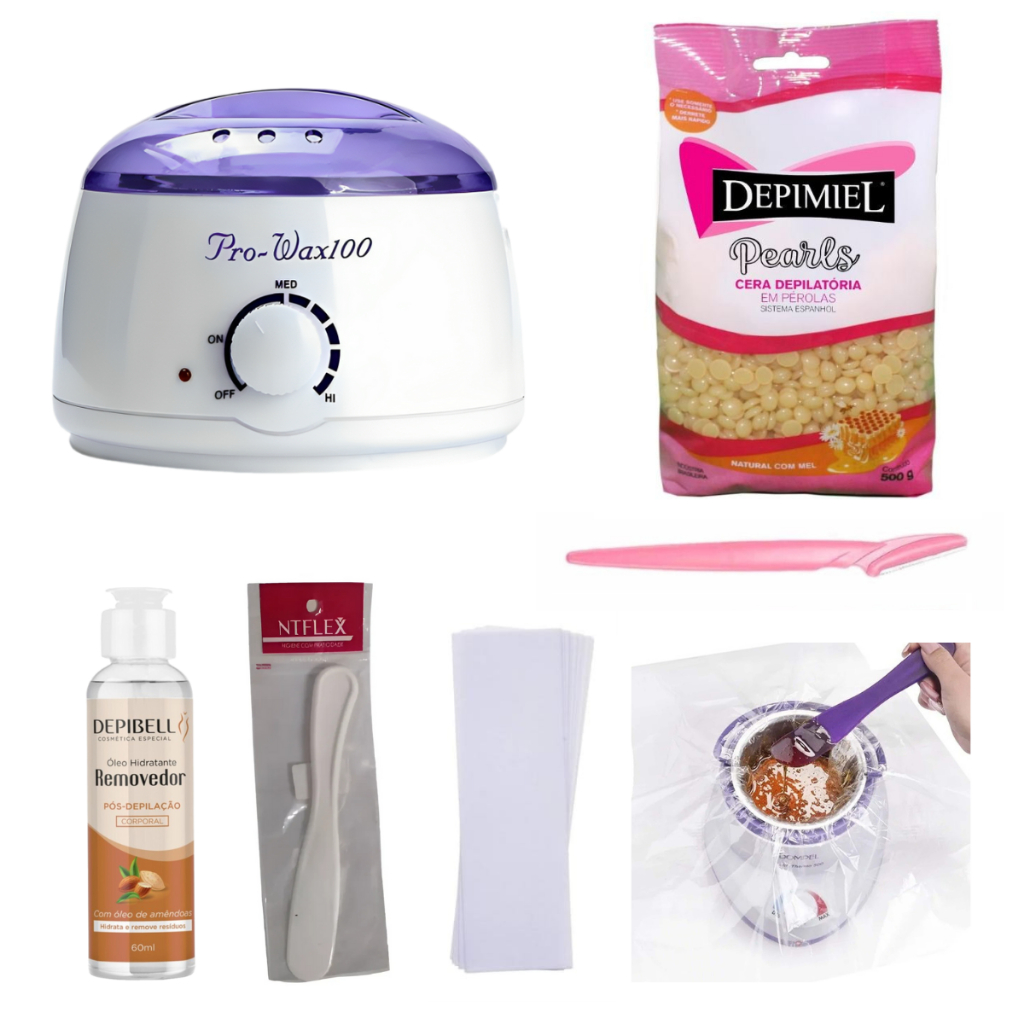 Kit Depilação Aquecedor Cera Quente Panela Elétrica + 1  Cera Perolada 500g +Palito reutilizável + 50 Papel