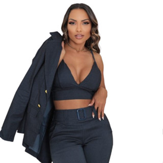 Conjunto Três Peças Blazer Calça e Cropped Luxo Bengaline Elegante em Oferta na Shopee