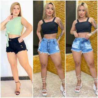 Shorts Jeans Feminino Cintura Alta Preto Desfiado Perna Hot Pants em Oferta na Shopee