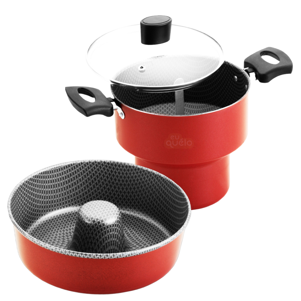 Kit Forma de Bolo Cone Antiaderente 22cm + Cuscuzeira Tampa de Vidro Teflon 14cm Resistente Luxo