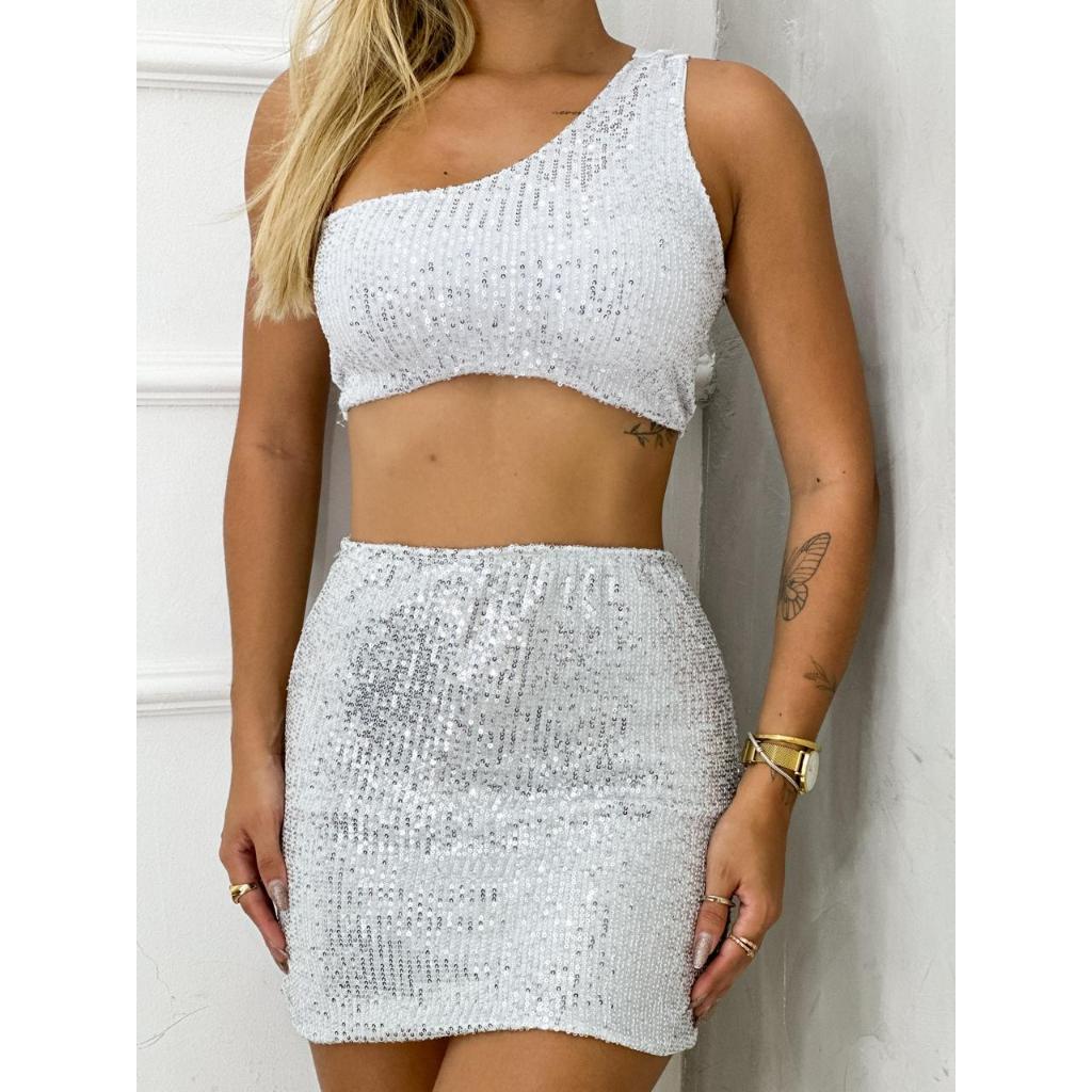 Conjunto Paete Cropped Mula Manca com Saia Paetê Curta Colada Cintura Alta Conjuntos Preto Festa Balada Tendencia