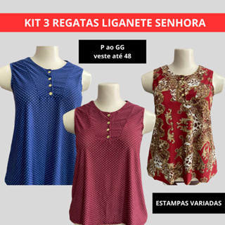 Kit com 3 regatas liganete malha fria senhora várias estampas veste até GG 48 em Oferta na Shopee