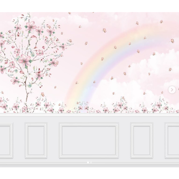 Papel de parede Arco-Íris com Borboletas rosa e Boiserie Branco