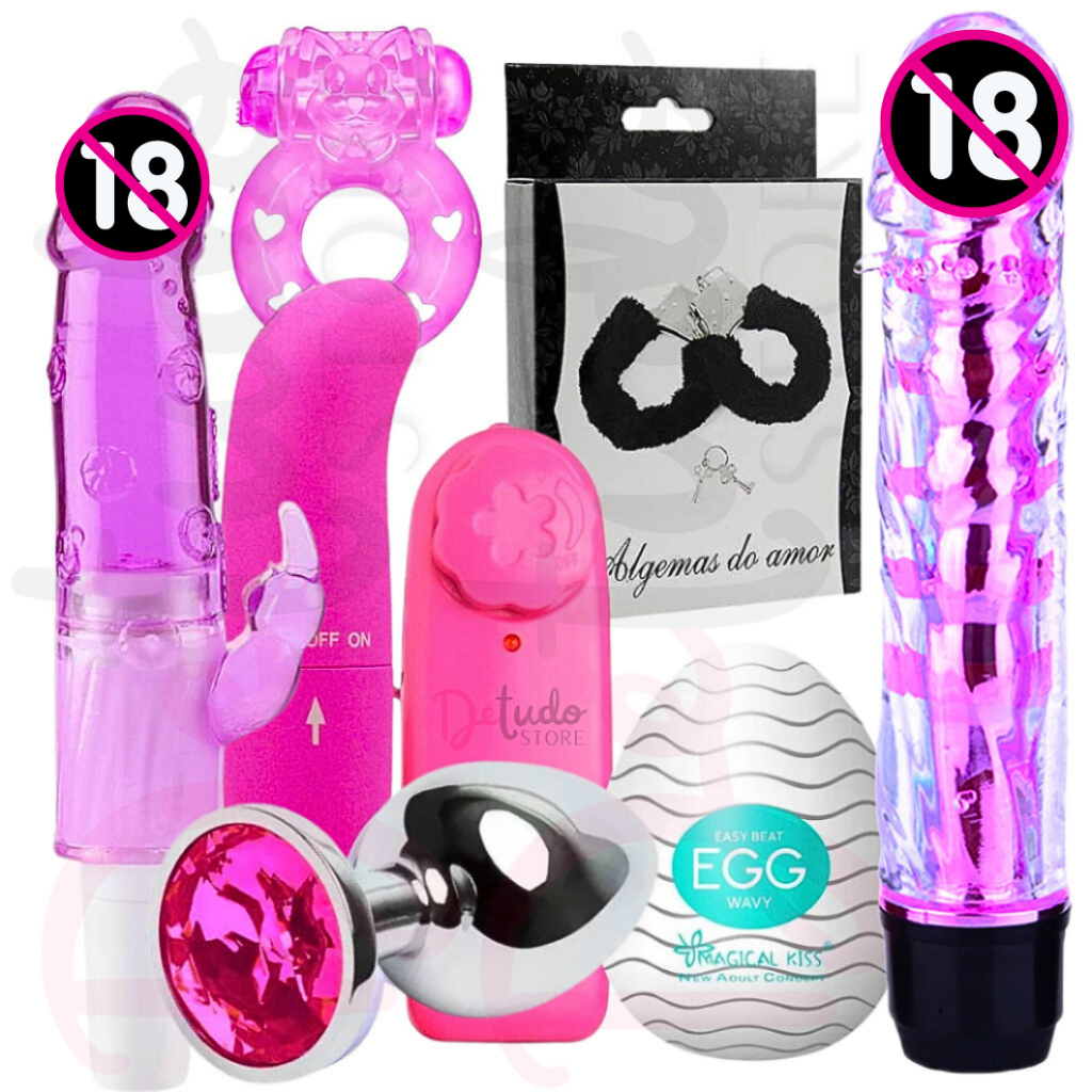 Kit Sex Shop 8 Itens Com Vibrador Feminino, Plug Anal, Masturbador Masculino, Anel Peniano, Algema Mais Vendidos Revenda