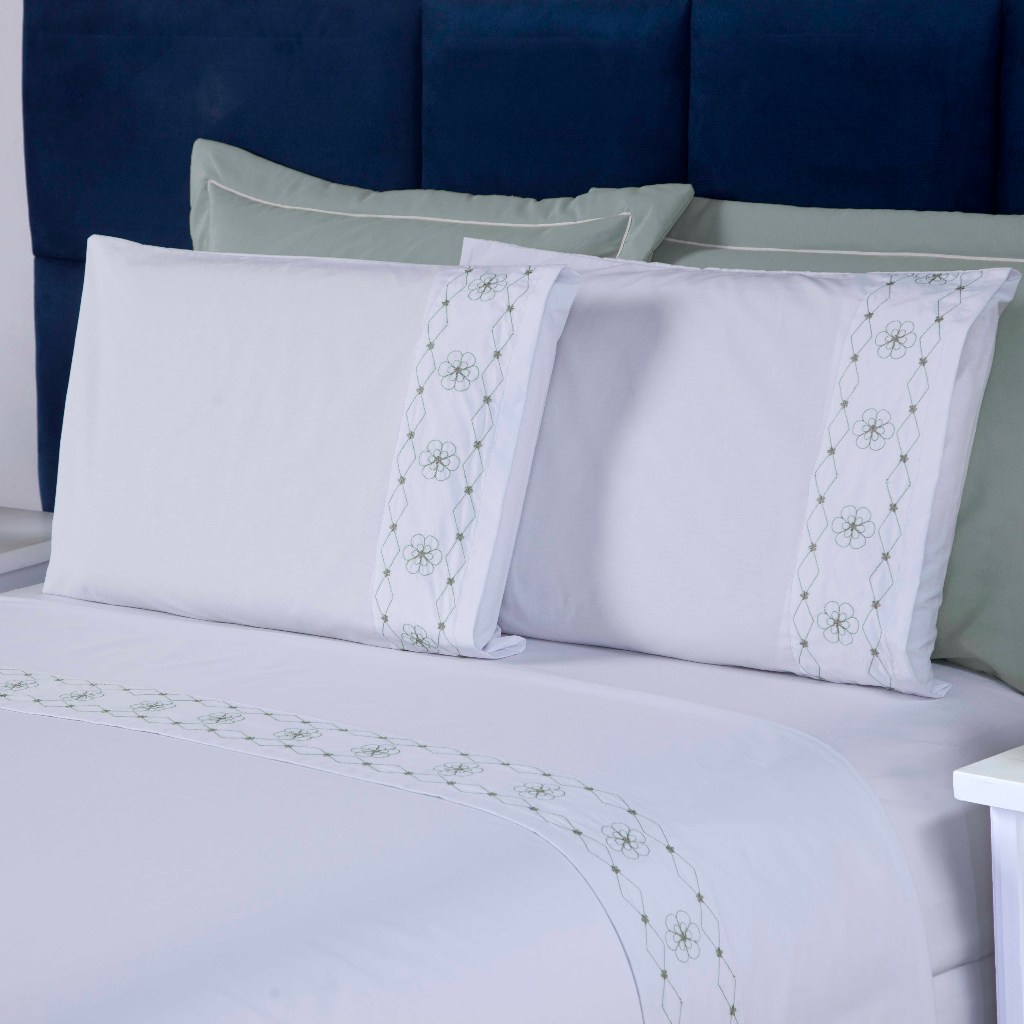 Jogo de Cama Lençol Percal 200 Fios Kit Roupa de Cama Casal Queen Bordado Quarto Luxo
