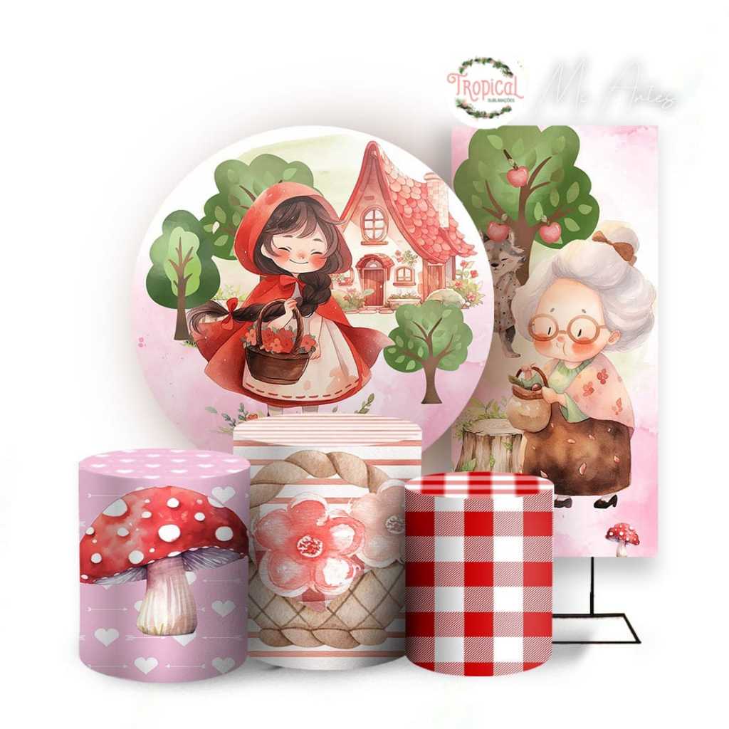 KIT PAINEL 1,50 REDONDO + PAINEL LATERAL 1.0 x 2.0 + TRIO DE CAPAS CILINDROS TEMA: CHAPEUZINHO VERMELHO