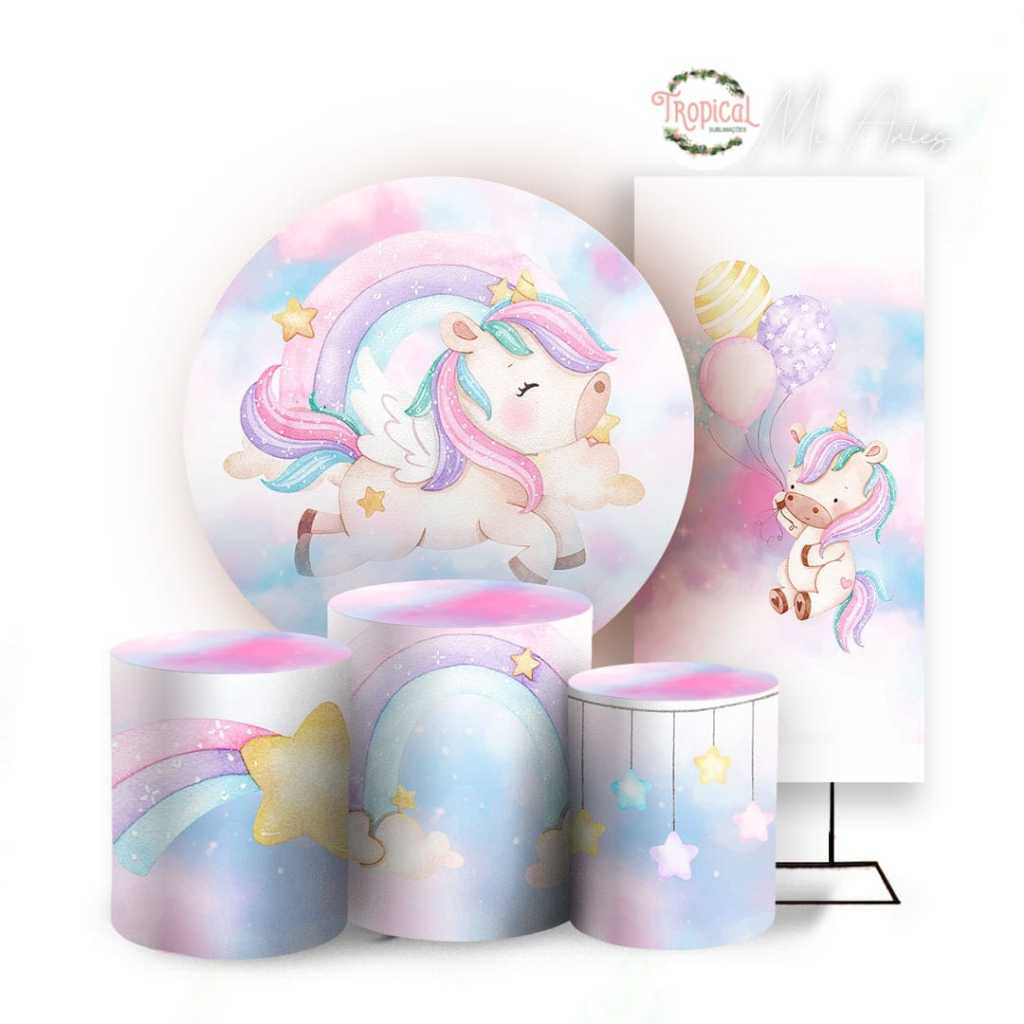 KIT PAINEL 1,50 REDONDO + PAINEL LATERAL 1.0 x 2.0 + TRIO DE CAPAS CILINDROS TEMA: UNICORNIO INFANTIL