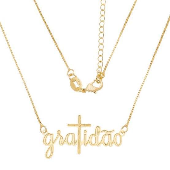 Colar feminino folheado ouro colar gratidão, cor Dourado choker, com correntes Ouro 18k Premium UNICO COM CORRENTE VENEZIANA