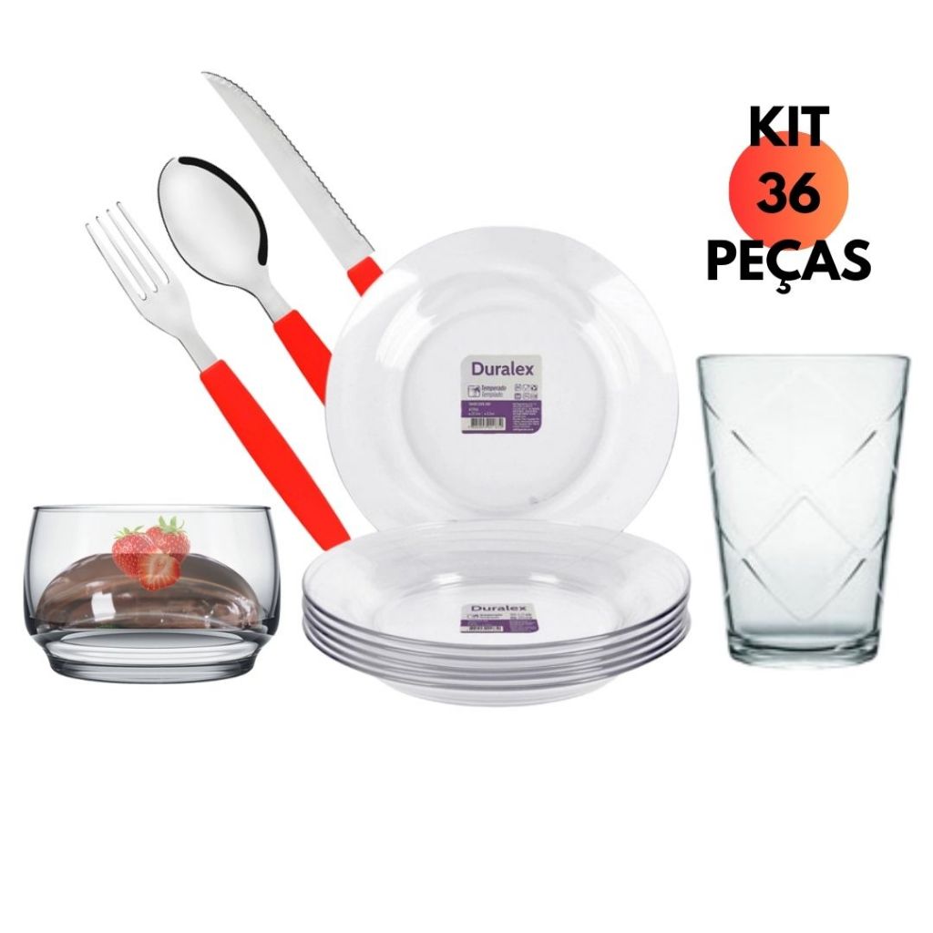 Jogo 36 Peças Jantar 6 Prato Astral Fundo Vidro + 6 Copos 265ml Maracatu + Tigela 310Ml Light + 18 Talheres Vermelho