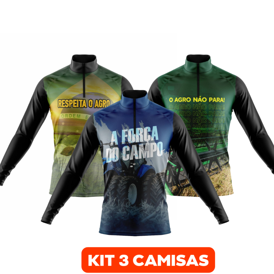 Kit 3 Camisas Camiseta Agro Masculina Blusa Térmica Proteção Solar UV Manga Longa Boi Trator