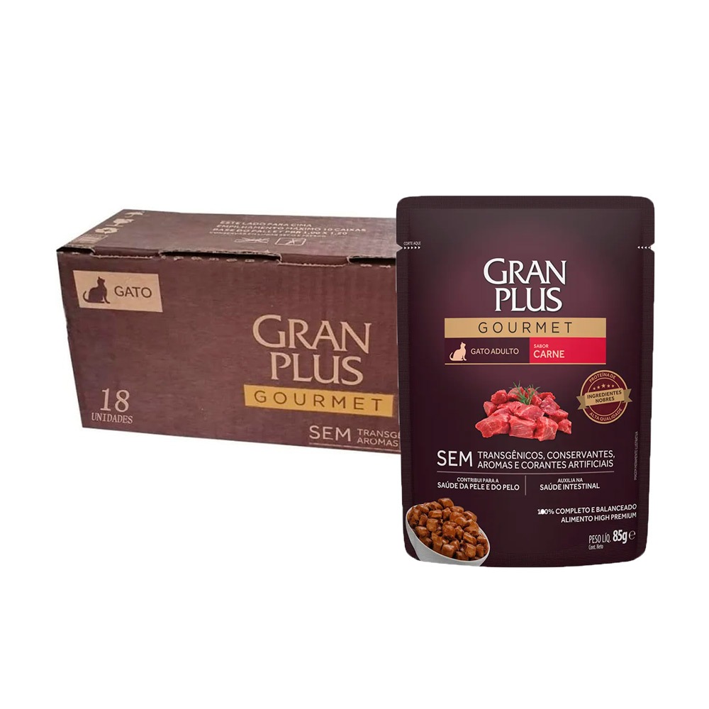 Caixa 18un Ração Úmida GranPlus Gourmet Sachê Gato Adulto Carne 85g em Oferta na Shopee