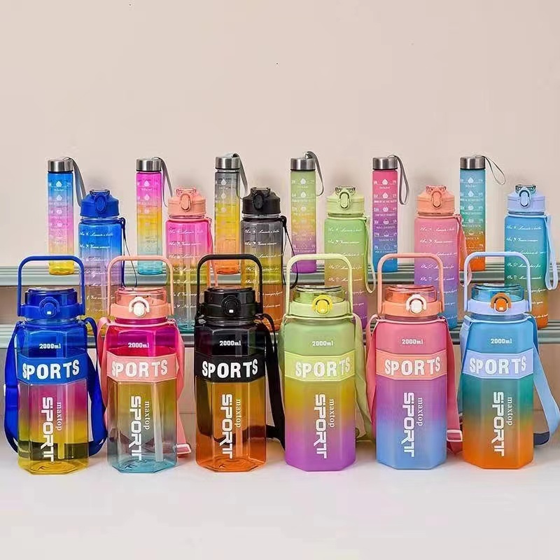 Kit 3 Garrafa De Água Motivacional De Grande Capacidade Portátil De 2000ML+ 900ML+ 300ML Em Degradê ( MODELO SPORTE )