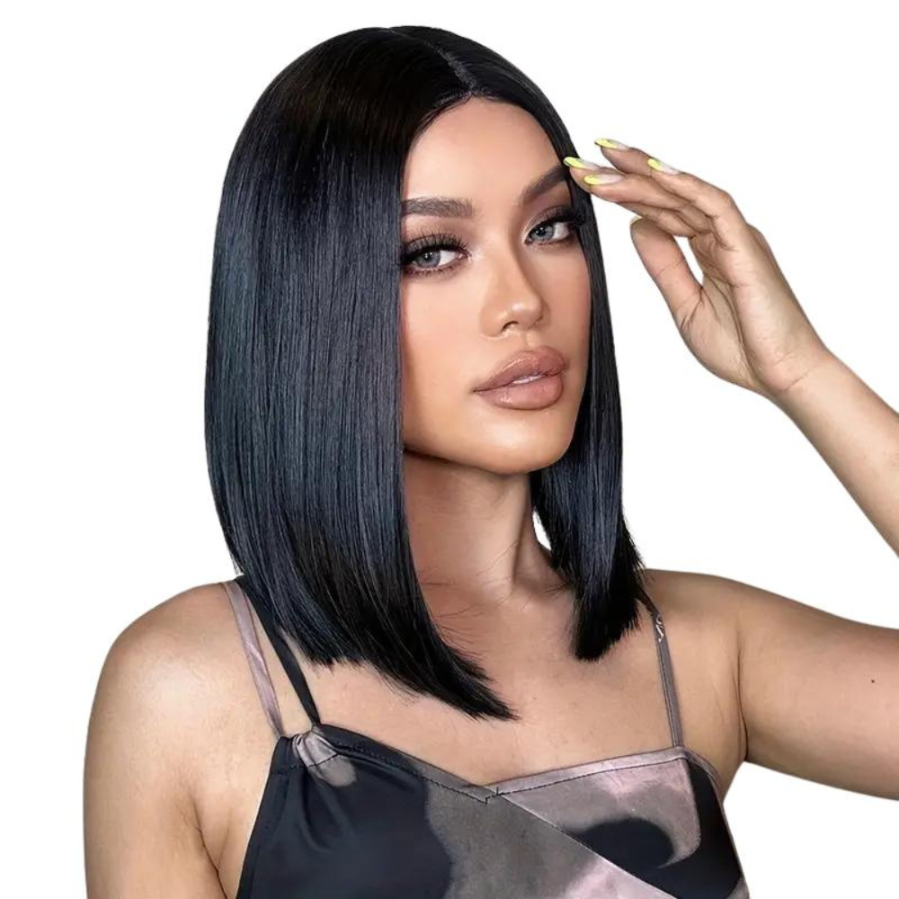 Peruca Lisa Preta Curta Fibra Orgânica Premium 45cm