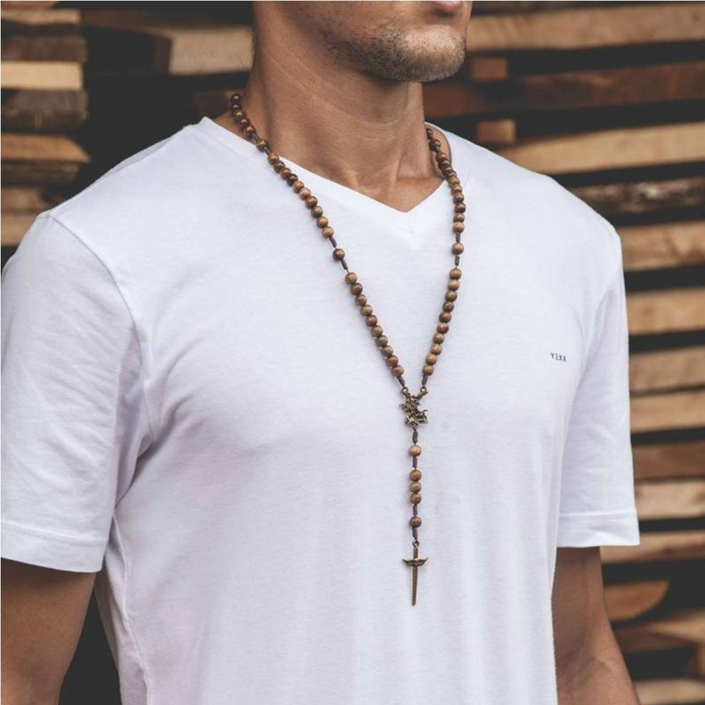 Colar Terço São Miguel Arcanjo com Fecho Católico Artigo Religioso Rosário Anjo Guarda Crucifixo
