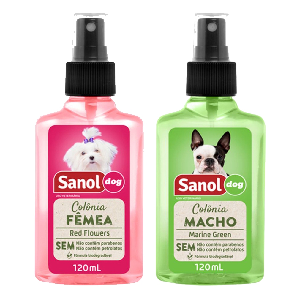 Produto Pet: Kit Colônia Fêmea 120ml + Colônia Macho 120ml Cachorro Cão Dog PetShop - Sanol Dog.