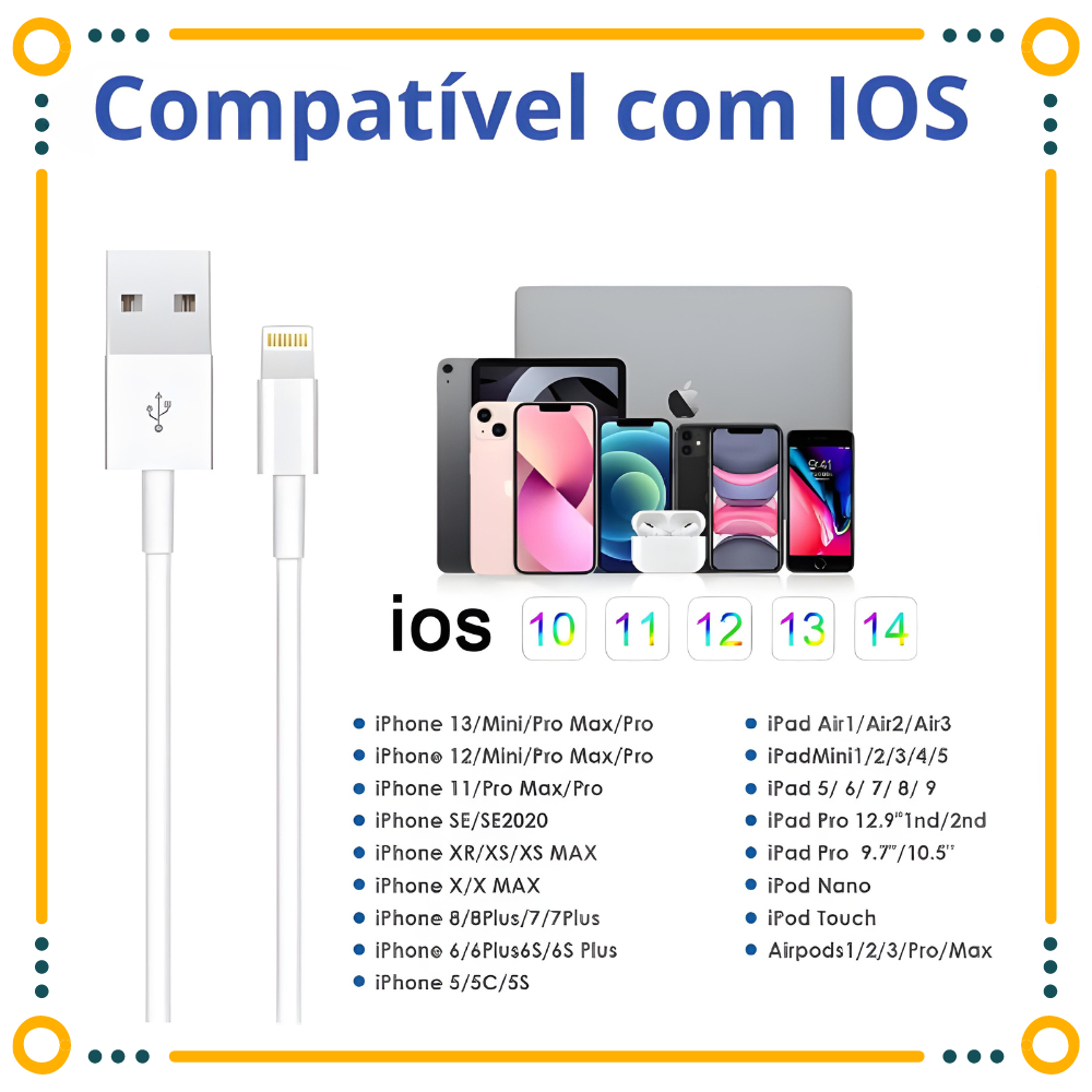Cabo de carga com Carregamento rápido e Dados p/ Iphone 6, 7, 8, 11, 12, 13, 14, Xr, X, Xs,  Ipod e Ipad.