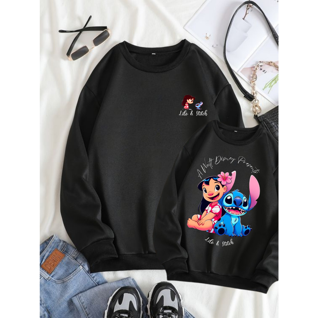 Moletom Desenho Lilo e Stitch Algodão Disney Blusa de Frio Sem Capuz Sem bolso Basico Estampado Filme Disney