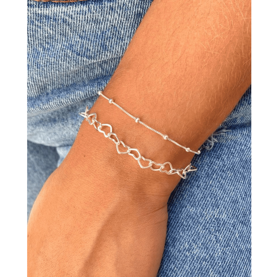 Kit 2 Pulseiras Prata 925 Folheada Coração Conjunto de Pulseira Feminina de Bolinha e Coração em Oferta na Shopee