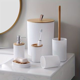 Oferta Conjunto De 6 Utensilios Para Banheiro Lixeira Saboneteira Porta escova Bambu Kit Lavabo 4 Unidades DecoraçãO em Oferta na Shopee