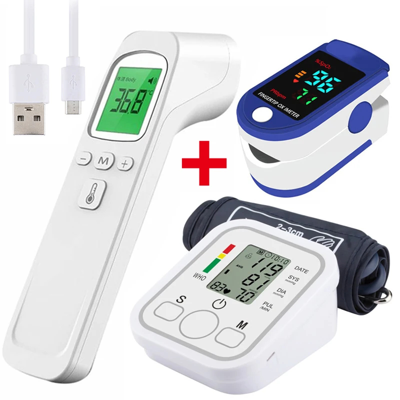Kit Cuidador Idosos Com Aparelho de Aferir Pressão Automatico Termometro De Testa Oximetro Digital